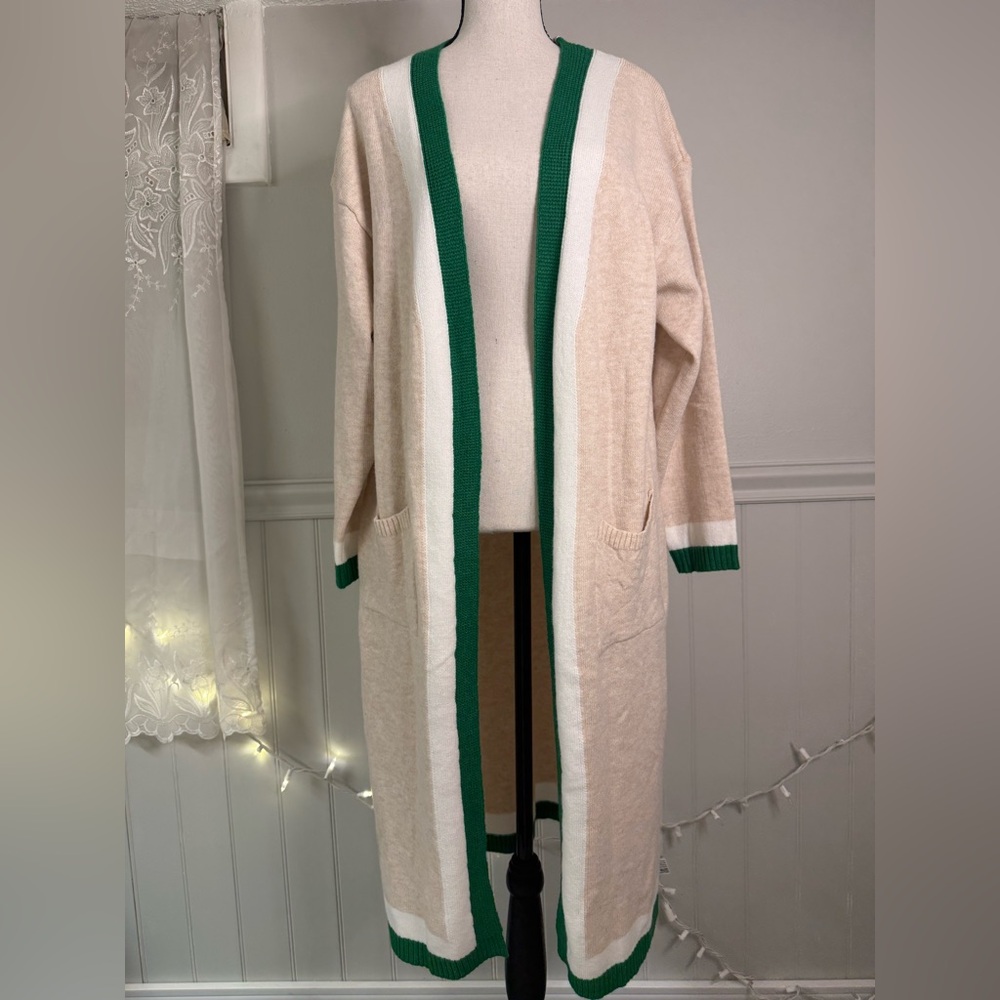 NWOT SHEIN Beige Long Open-Front Cardigan with Green & White Trim